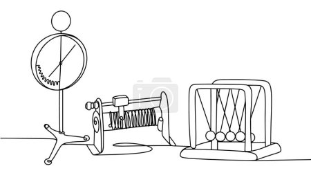 Illustration for Subjects for studying physics at school. Electrometer, rheostat and Newton's cradle. Knowledge Day. International Literacy Day. One line drawing for different uses. Vector illustration. - Royalty Free Image