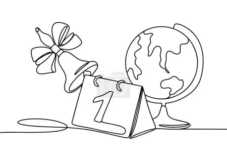 Desk calendar with the date september 1st. Near the globe and bell. Celebration of the beginning of the school year. International Literacy Day. One line drawing for different uses. Vector illustration.