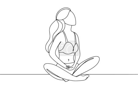 Illustration for A young woman sits on the floor and holds her hands in her abdomen. Women Health. International Gynecological Awareness Day. One line drawing for different uses. Vector illustration. - Royalty Free Image