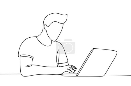 Téléchargez les illustrations : Un homme travaille sur un ordinateur portable. Le programmeur écrit le programme. Journée des programmeurs. Un dessin de ligne pour différentes utilisations. Illustration vectorielle. - en licence libre de droit