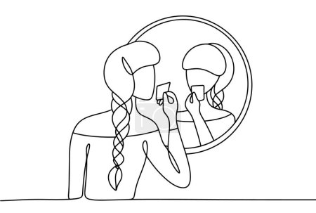 Illustration for A woman speaks affirmations in front of the mirror. She sticks a sticker on the mirror. Raising awareness. Mindfulness Day. One line drawing for different uses. Vector illustration. - Royalty Free Image