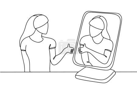 Illustration for A woman lovingly looks at her reflection. Shows satisfaction with a gesture. Raising awareness. Mindfulness Day. One line drawing for different uses. Vector illustration. - Royalty Free Image