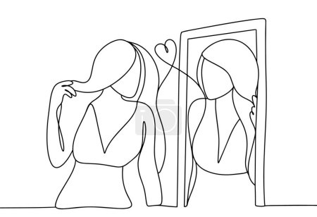 Illustration for A woman lovingly looks at her reflection. Acceptance of your strengths and weaknesses. Raising awareness. Mindfulness Day. One line drawing for different uses. Vector illustration. - Royalty Free Image
