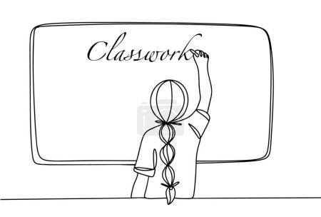 Illustration for The girl writes on the blackboard. Lesson at school. Education Freedom Day. One line drawing for different uses. Vector illustration. - Royalty Free Image