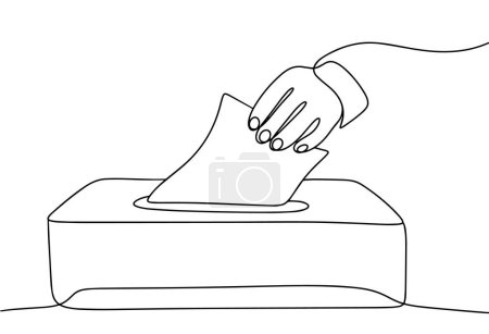 Un hombre lanza una papeleta a las urnas. Elecciones políticas. Día Internacional de la Democracia. Dibujo de una línea para diferentes usos. Ilustración vectorial.