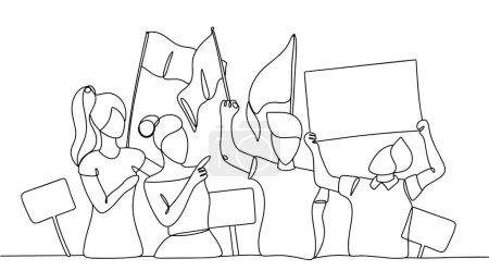 A crowd of people with banners, flags and posters. People power. Rally. International Day of Democracy. One line drawing for different uses. Vector illustration.