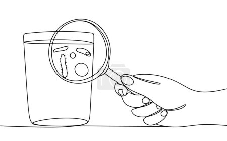 Illustration for A hand with a magnifying glass aiming at a glass of water. Water quality research. World Water Monitoring Day. One line drawing for different uses. Vector illustration. - Royalty Free Image