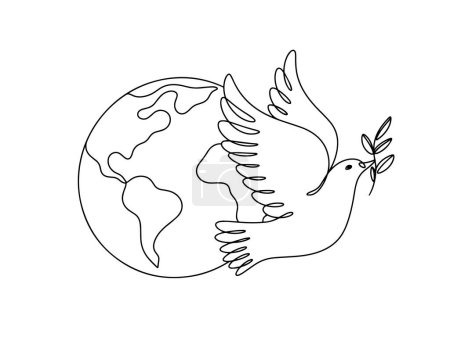 Ilustración de Planeta Tierra y paloma. Pájaro de paz. No hay guerra. Día Internacional de la Paz. Dibujo de una línea para diferentes usos. Ilustración vectorial. - Imagen libre de derechos