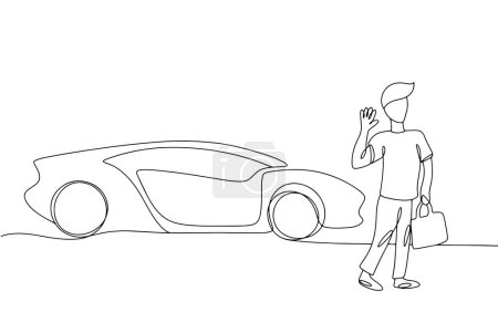 Illustration for A man walks to work. A man waves goodbye to his car. Car-free days. One line drawing for different uses. Vector illustration. - Royalty Free Image