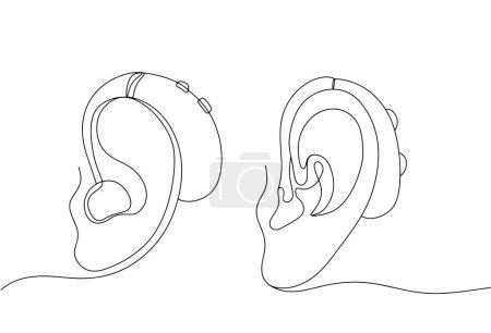 Hearing aid in human ear. Hearing device. International Day of Sign Languages. International Week of the Deaf. One line drawing for different uses. Vector illustration.