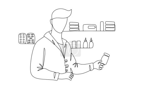 The pharmacist is holding medicines in his hands. Sale of medicines in a pharmacy. World Pharmacists Day. One line drawing for different uses. Vector illustration.