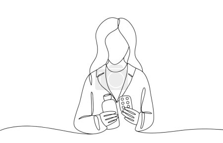 A woman pharmacist holds medicines in her hands. Proper selection of medicines. World Pharmacists Day. One line drawing for different uses. Vector illustration.