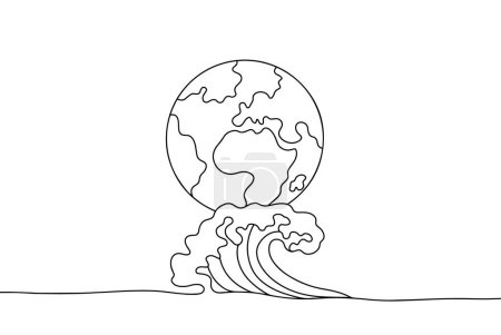 Illustration for Earth on the sea wave. World Maritime Day. One line drawing for different uses. Vector illustration. - Royalty Free Image