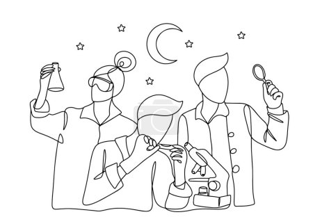 Scientists are engaged in scientific work. European Researchers' Night. One line drawing for different uses. Vector illustration.