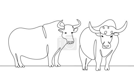 Illustration for Two yaks. Large animal with large horns. Breeding yaks. World Farm Animals Day. One line drawing for different uses. Vector illustration. - Royalty Free Image