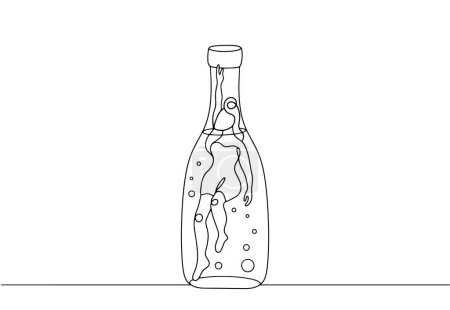 Téléchargez les illustrations : Une femme essaie de sortir d'une bouteille d'alcool. Journée mondiale sans alcool. Un dessin de ligne pour différentes utilisations. Illustration vectorielle. - en licence libre de droit