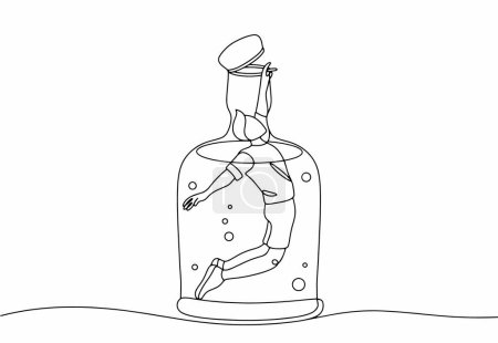 Téléchargez les illustrations : Un homme flotte dans une bouteille d'alcool. Journée mondiale sans alcool. Un dessin de ligne pour différentes utilisations. Illustration vectorielle. - en licence libre de droit