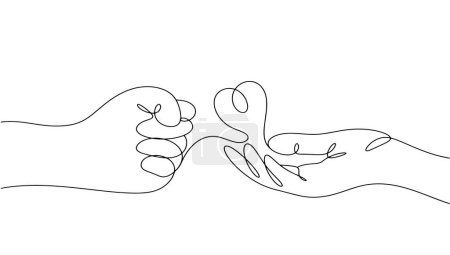 Illustration for A person responds with love to aggression. Clenched fist and palm with a heart. International Day of Non-Violence. One line drawing for different uses. Vector illustration. - Royalty Free Image