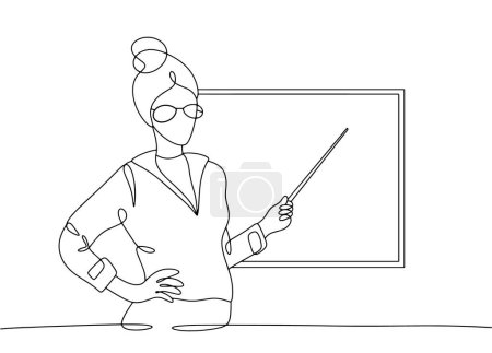 Illustration for The teacher stands near the blackboard with a pointer. World Teachers' Day. One line drawing for different uses. Vector illustration. - Royalty Free Image