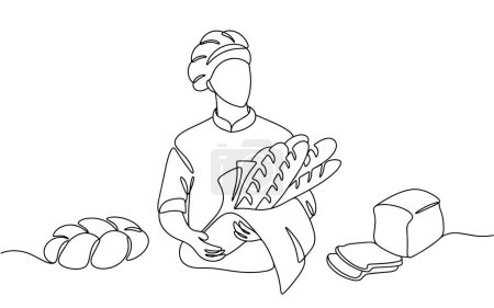 Illustration for Male baker with baguettes in his hands World Bread Day. One line drawing for different uses. Vector illustration. - Royalty Free Image