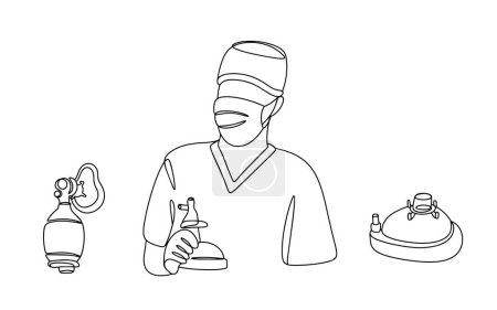 Illustration for An anesthesiologist holds an anesthesiological mask in his hands. World Anaesthesia Day. One line drawing for different uses. Vector illustration. - Royalty Free Image