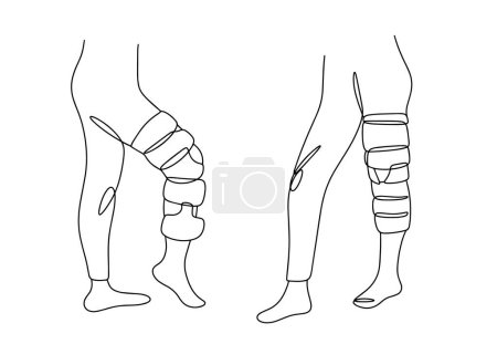 Illustration for Leg injury. Ankle bandage. Splint for the knee joint. World Trauma Day. One line drawing for different uses. Vector illustration. - Royalty Free Image