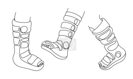 Illustration for Orthopedic boot on an injured leg. World Trauma Day. One line drawing for different uses. Vector illustration. - Royalty Free Image