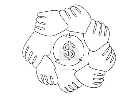 Illustration for Money circulation within a cooperative of people. A ring of hands around common money. International Credit Union Day. One line drawing for different uses. Vector illustration. - Royalty Free Image