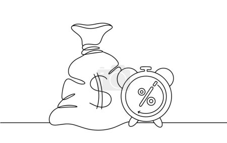 Illustration for A bag of money and a clock measuring interest. Money on credit. International Credit Union Day. One line drawing for different uses. Vector illustration. - Royalty Free Image