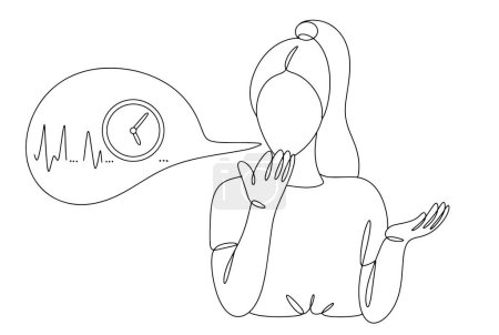 Illustration for A woman is embarrassed by her own stuttering. Acceptance of people with special needs. International Stuttering Awareness Day. One line drawing for different uses. Vector illustration. - Royalty Free Image