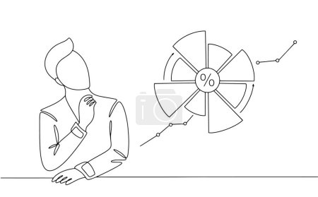 A man analyzes the profitability of a business. Business analysis day. Business Intelligence. One line drawing for different uses. Vector illustration.