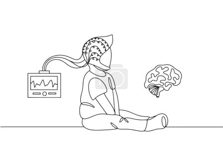 Ilustración de Al niño se le administra un electroencefalograma. Diagnóstico de la función cerebral. Día Internacional de la Sensibilización del LGS. Dibujo de una línea para diferentes usos. Ilustración vectorial. - Imagen libre de derechos