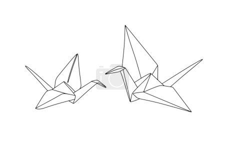 A pair of paper doves. Origami toys. Origami Day. One line drawing for different uses. Vector illustration.