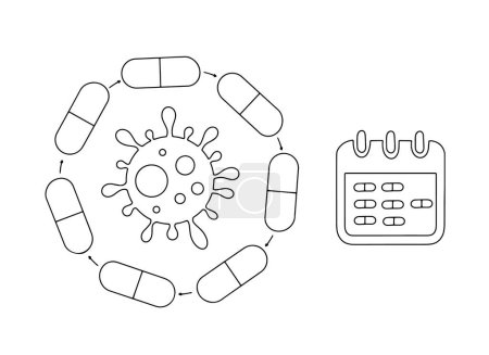 Illustration for Microorganism surrounded by antibiotic tablets. Taking an antibiotic for a week. World Antimicrobial Awareness Week. One line drawing for different uses. Vector illustration. - Royalty Free Image