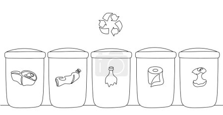 Illustration for Sorting waste for recycling. Recycling bins for metal, plastic, paper, glass and organic waste. Global Recycling Day. One line drawing for different uses. Vector illustration. - Royalty Free Image