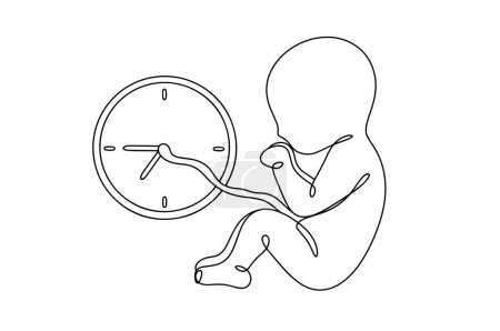 Ilustración de El embrión está conectado por un cordón umbilical al reloj. Nacimiento prematuro. Bebé prematuro. Día Mundial de la Prematuridad. Dibujo de una línea para diferentes usos. Ilustración vectorial. - Imagen libre de derechos