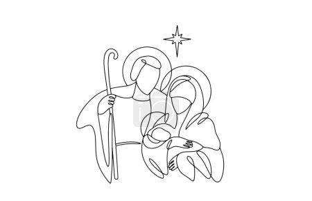 Ilustración de La Virgen María sostiene al niño Jesús en sus brazos. Joseph está cerca. Sagrada Familia. Escena bíblica. Dibujo de una línea para diferentes usos. Ilustración vectorial. - Imagen libre de derechos