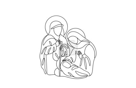 Virgen María y José cerca del niño Jesús. Natividad. Escena bíblica. Dibujo de una línea para diferentes usos. Ilustración vectorial.