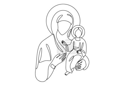 Ilustración de La Virgen María sostiene al niño Jesús en sus brazos. Santa Virgen María. Dibujo de una línea para diferentes usos. Ilustración vectorial. - Imagen libre de derechos