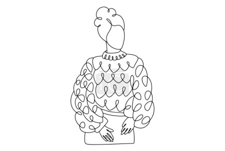 Illustration for The girl is wearing a voluminous knitted sweater. International Sweater Vestival. One line drawing for different uses. Vector illustration. - Royalty Free Image