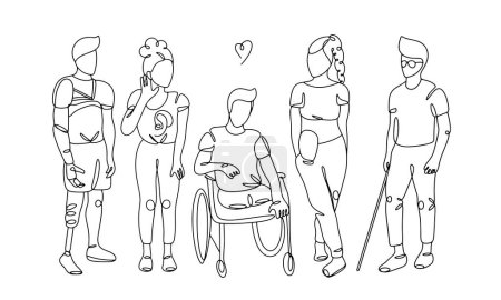 Illustration for Various people with special needs. Caring for people with disabilities. Tolerance and acceptance. International Day of Disabled Persons. One line drawing for different uses. Vector illustration. - Royalty Free Image