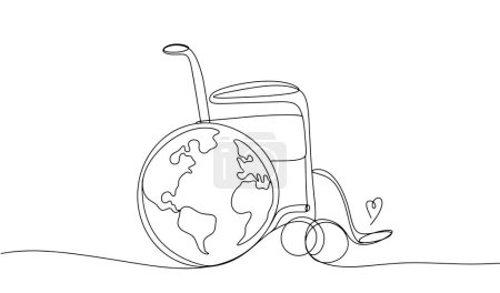 Rollstuhl mit dem Symbol des Planeten Erde am Rad. Unterstützung für behinderte Menschen und Menschen mit besonderen Bedürfnissen. Sich um Menschen kümmern. Internationaler Tag der Behinderten. Vektorillustration.