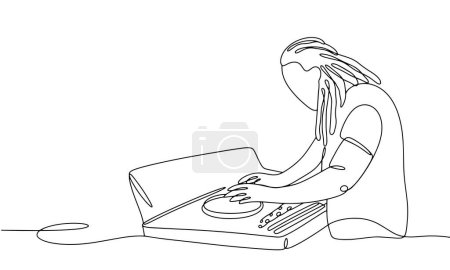 Téléchargez les illustrations : Un DJ avec dreadlocks se tient à la console et crée de la musique techno. Journée mondiale de la Techno. Un dessin de ligne pour différentes utilisations. Illustration vectorielle. - en licence libre de droit