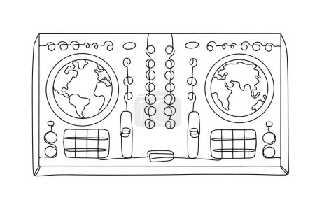 Téléchargez les illustrations : Console DJ avec le symbole Earth sur les roues de jogging. Journée mondiale de la Techno. Un dessin de ligne pour différentes utilisations. Illustration vectorielle. - en licence libre de droit