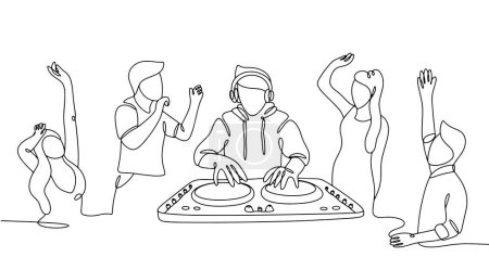 Téléchargez les illustrations : Le DJ crée une musique cool sur laquelle les gens dansent. Journée mondiale de la Techno. Un dessin de ligne pour différentes utilisations. Illustration vectorielle. - en licence libre de droit