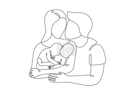 Illustration for Loving parents holding two newborn children. Twins Days. One line drawing for different uses. Vector illustration. - Royalty Free Image