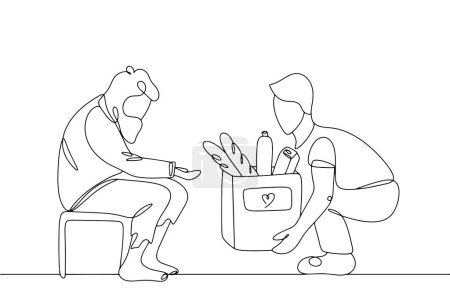 Illustration for A volunteer gives a box of food to a poor person. Help those in need. One line drawing for different uses. Vector illustration. - Royalty Free Image