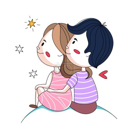 Illustration for A couple in love looks at the stars. Valentine's Day. Color vector illustration. Images produced without the use of any form of AI software at any stage. - Royalty Free Image