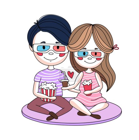 Un couple amoureux regarde un film avec des lunettes 3D. Saint-Valentin. Illustration vectorielle couleur. Images produites sans l'utilisation d'une quelconque forme de logiciel d'IA à tout moment. 