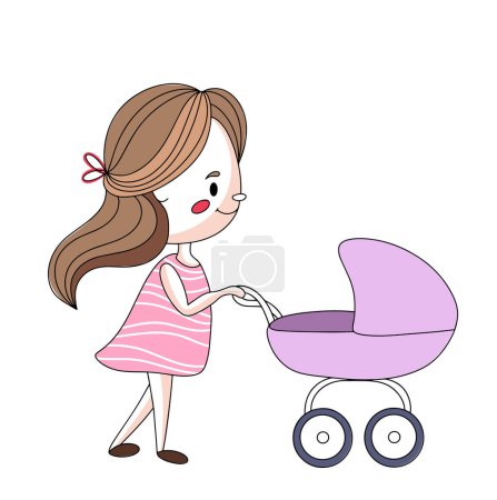 Eine junge Mutter geht mit einem Kinderwagen spazieren. Gehen Sie mit Ihrem Baby nach draußen. Die Pflege des Babys. Glückliche Mutterschaft. Bilder, die in jeder Phase ohne den Einsatz von KI-Software erstellt werden. 